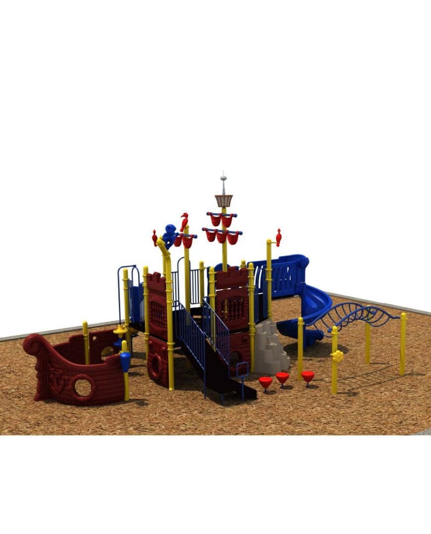 A playground with a slide and swings in the sand.