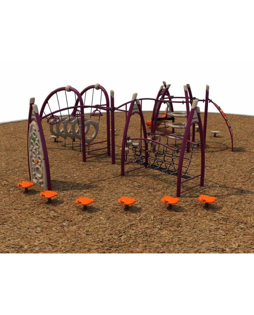 A playground with orange swings and purple structures.