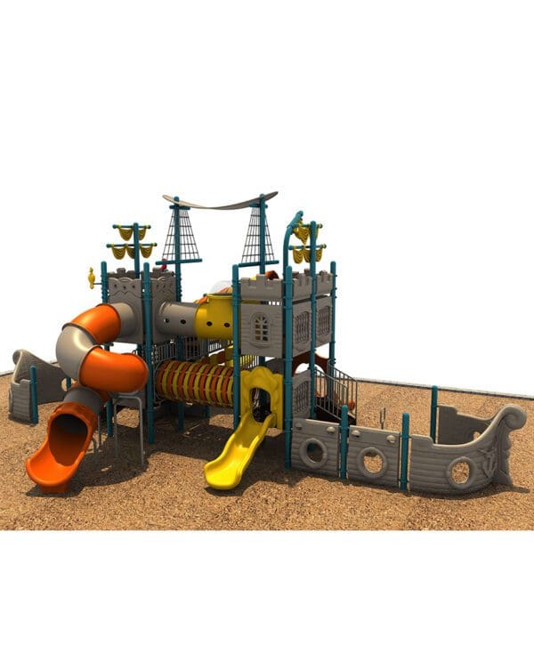 A playground with a slide and some obstacles.