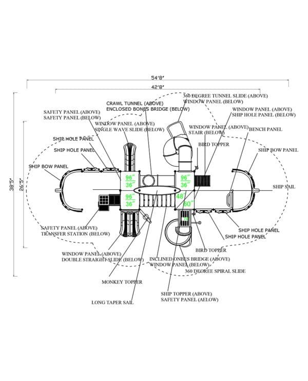 A diagram of the parts of a playground.