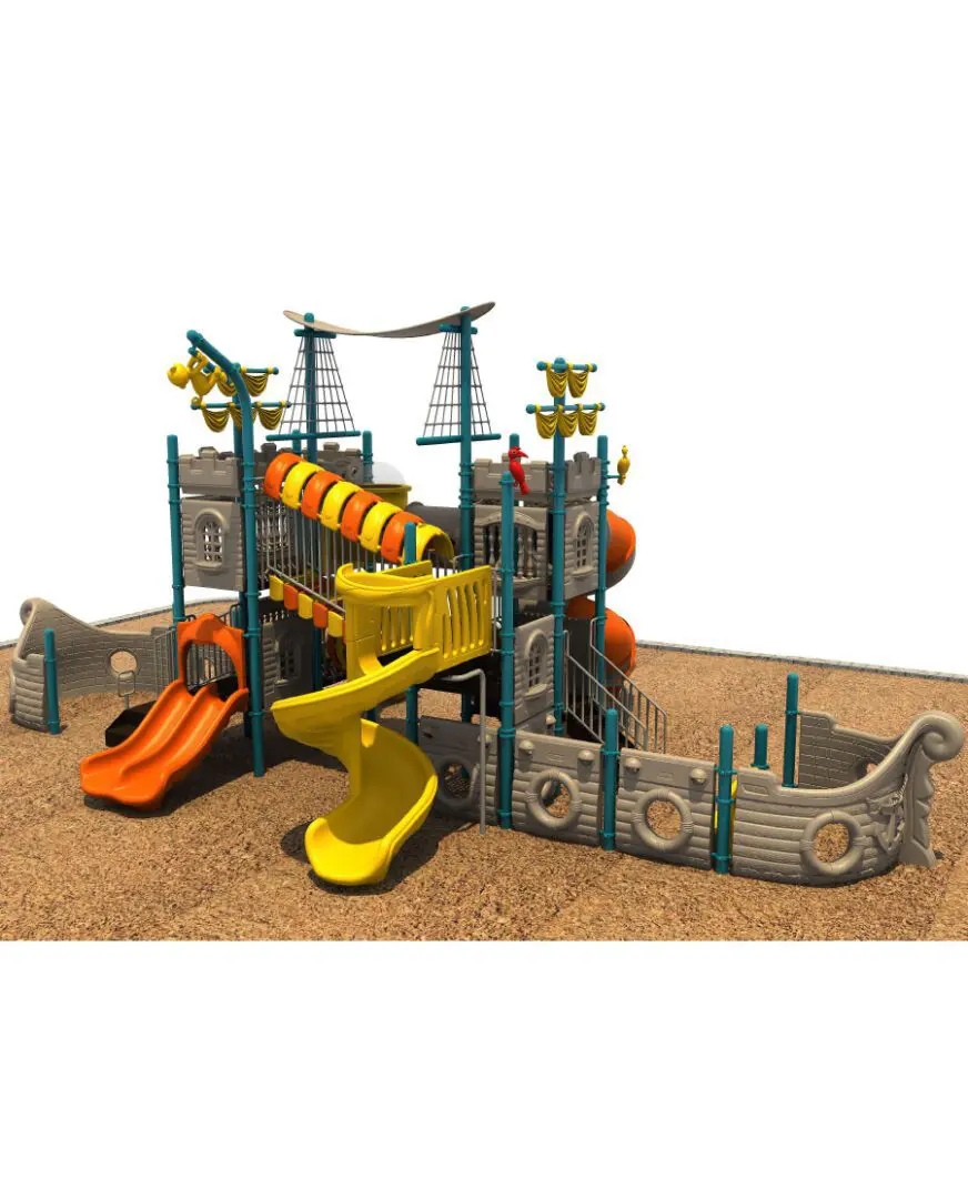 A playground with slides and swings for children.