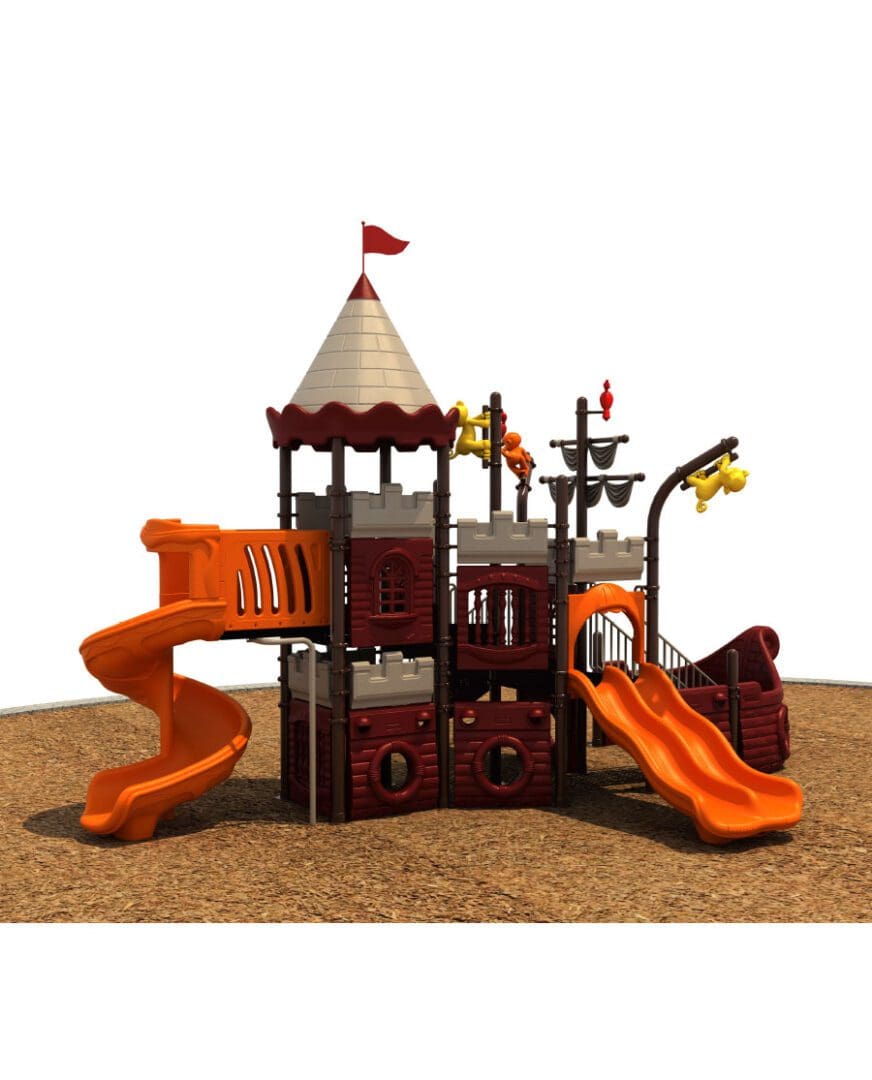 A playground with orange slides and red towers.