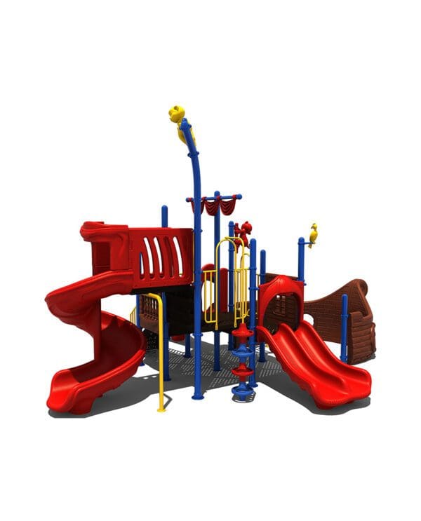 A red and blue play structure with slides.