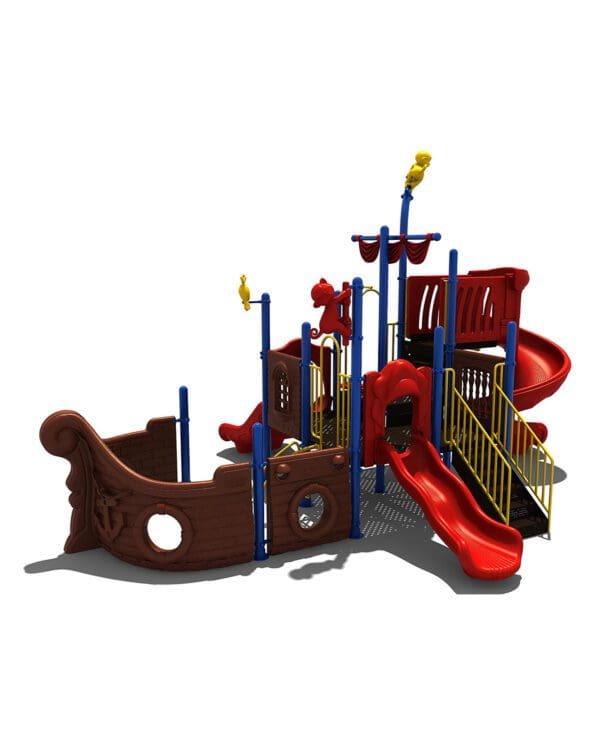 A playground with a pirate ship and slide.