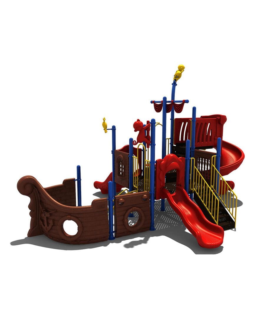 A playground with a pirate ship and slide.