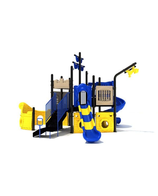 A playground with blue and yellow equipment.