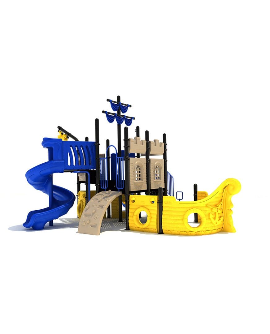 A playground with slides and climbing walls.