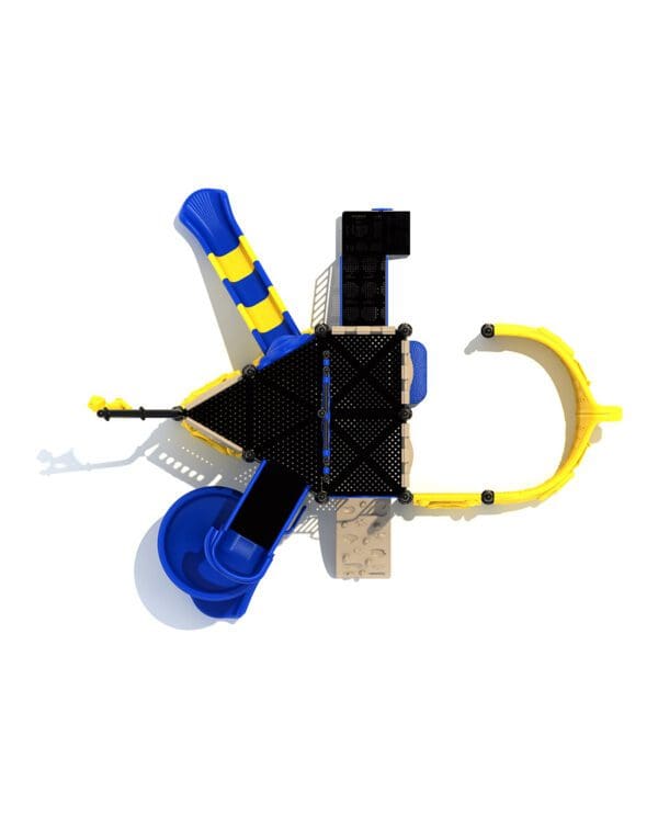 A toy with a black umbrella and blue and yellow hat.