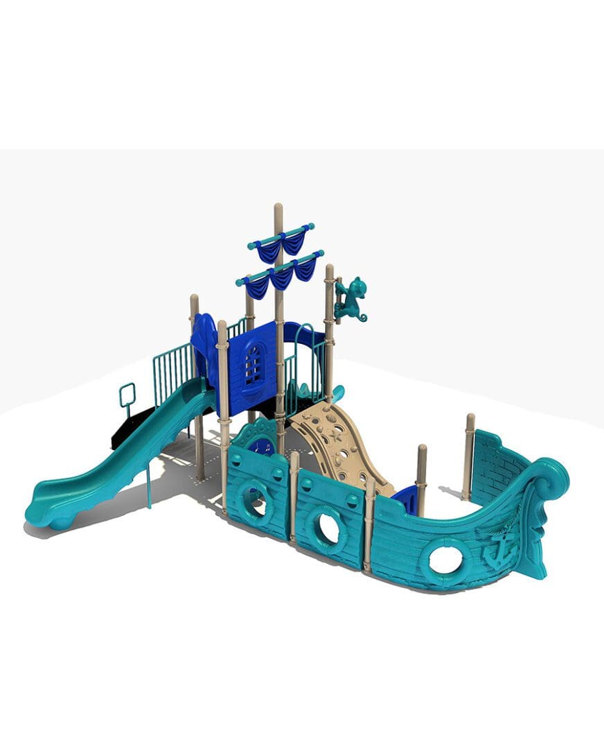 A playground with a slide and some obstacles.