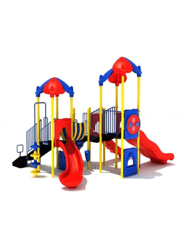 A playground with multiple slides and swings.