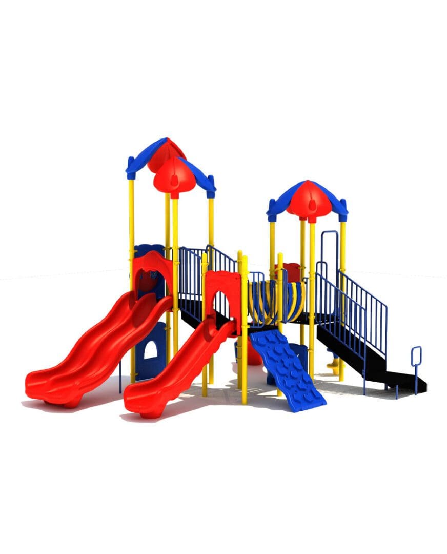 A playground with two slides and a ramp.