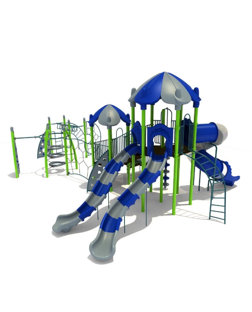 A playground with multiple slides and swings.