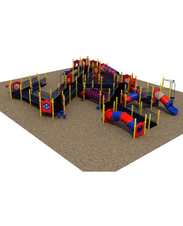 A playground with multiple slides and ramps.