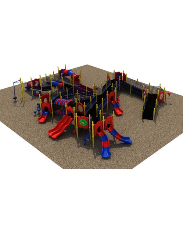 A playground with multiple slides and poles.