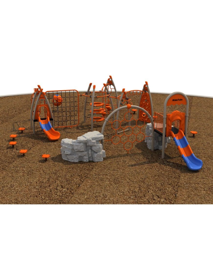 A playground with orange and blue slides, rocks, and obstacles.