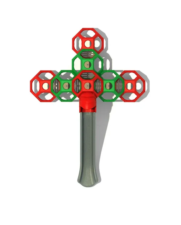 A cross shaped toy with multiple colored shapes.