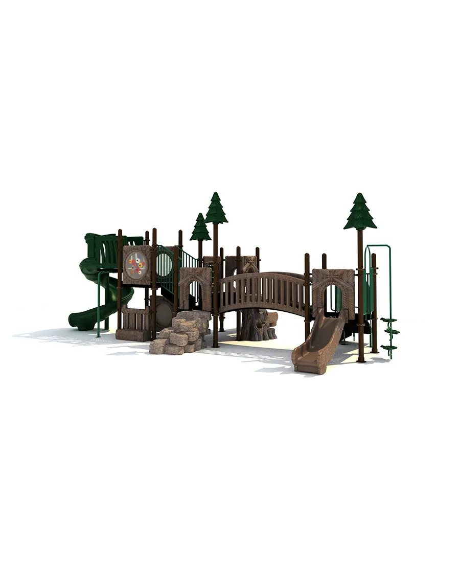 A playground with trees and slides for children.