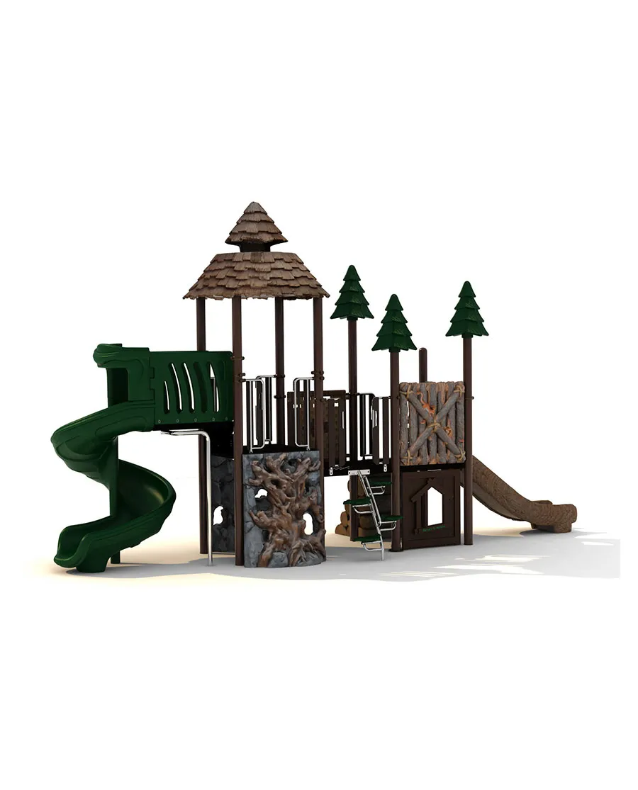 A small playground with slides and swings.