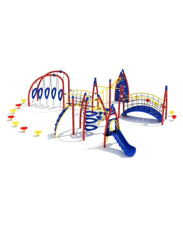 A playground with many different slides and swings.