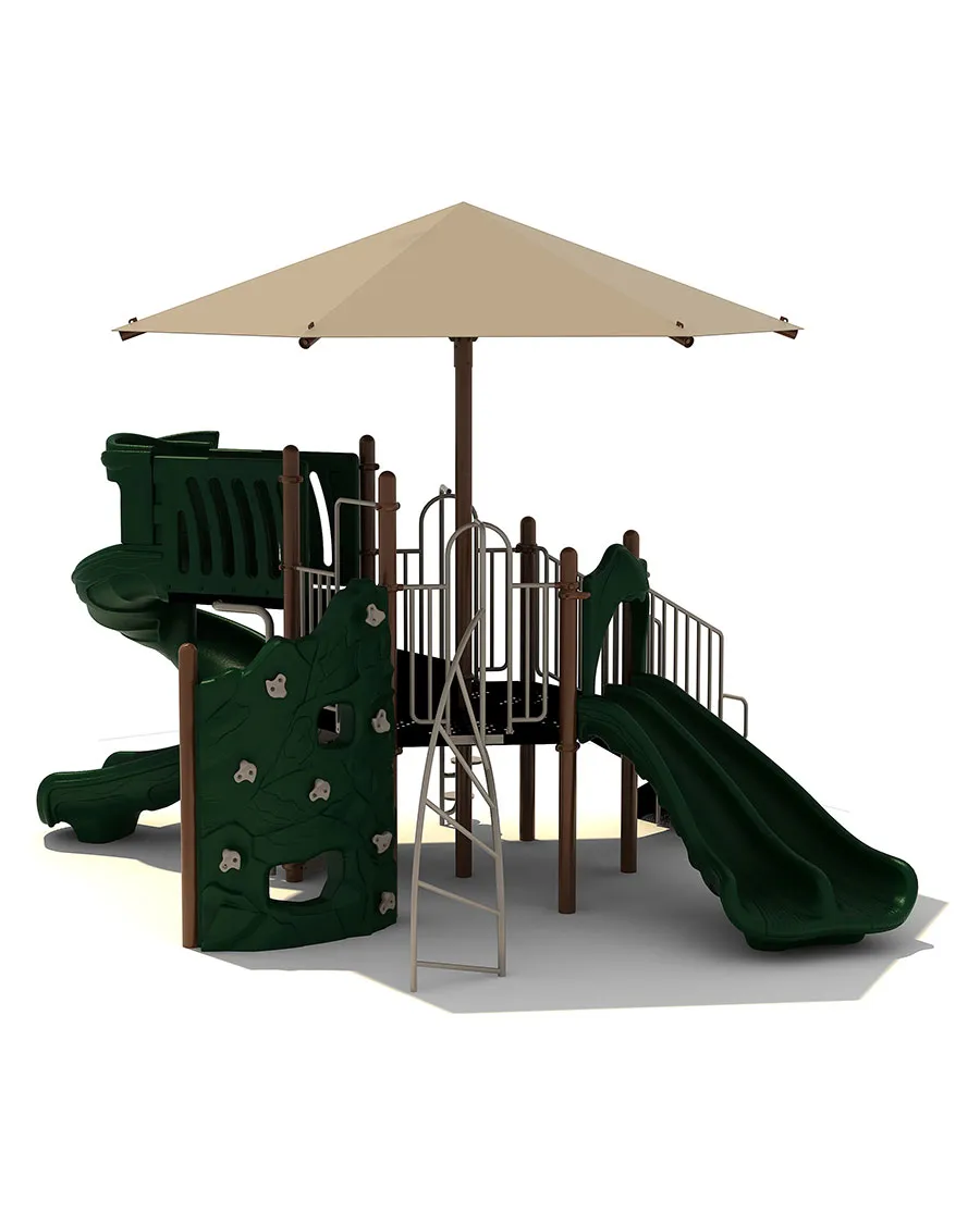 A playground with slides and an umbrella.