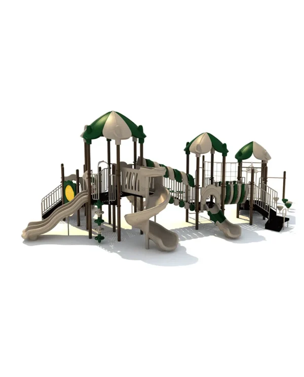 A playground with multiple slides and swings.