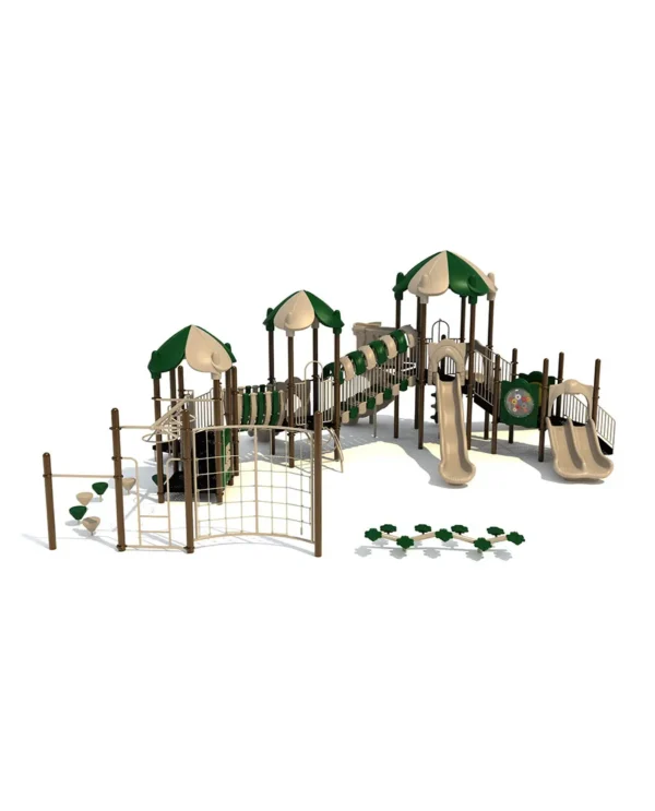 A playground with many different types of play equipment.