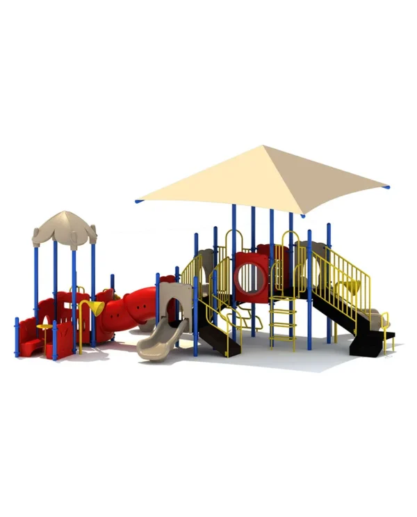 A playground with slides and swings under an umbrella.