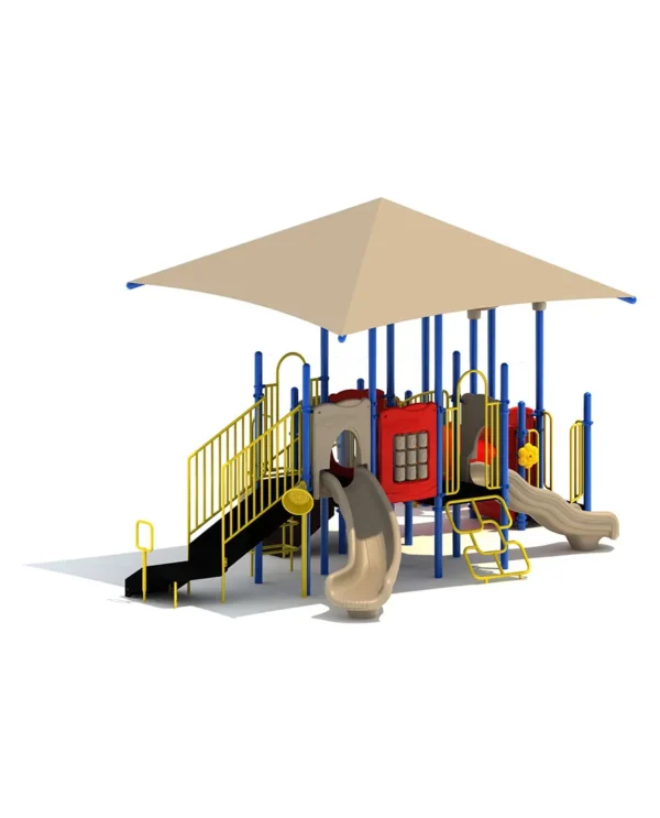 A playground with a slide and swings under an umbrella.