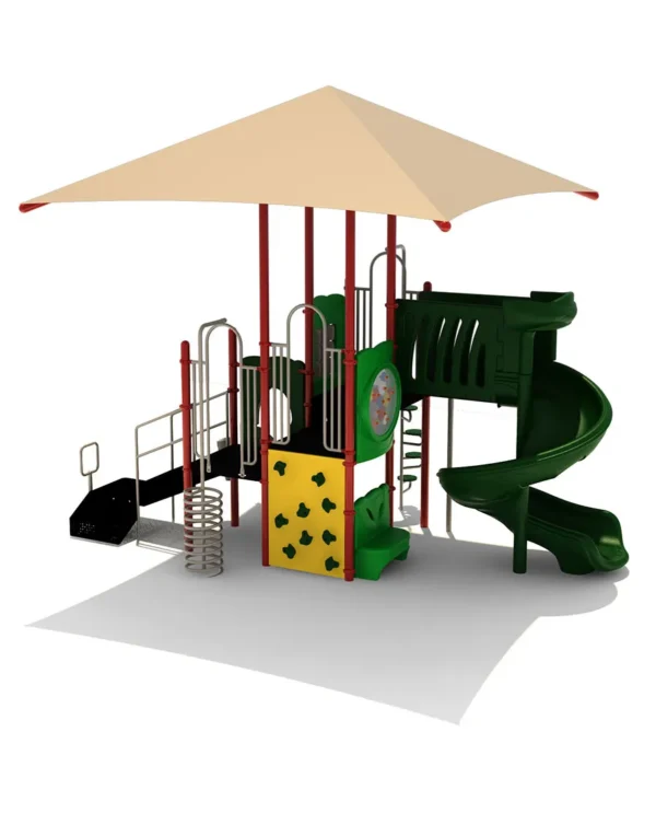 A playground with slides and swings under an umbrella.