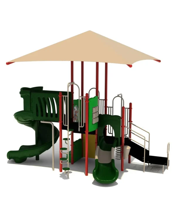 A playground with a shade structure and slide.