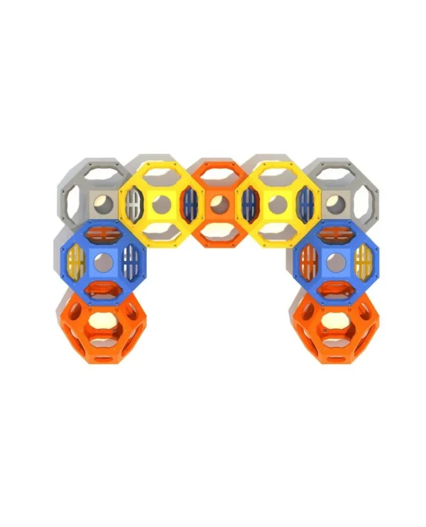 A group of colorful toy blocks arranged to form the shape of a semicircle.