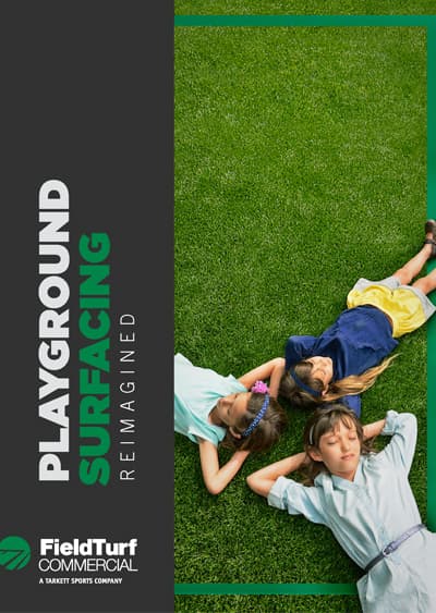 Three children laying on the grass with a playground surfacing reimagined logo.