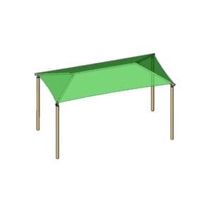 Green fabric shade structure with posts.