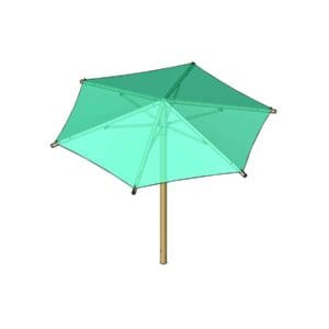 Here's an alt tag for the image: Green shade umbrella, playground structure.