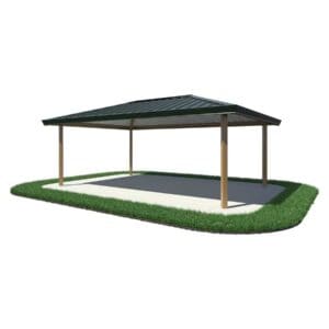 Here's an alt tag for the image: Outdoor metal carport with paved area.