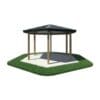 Hexagonal gazebo with green roof.