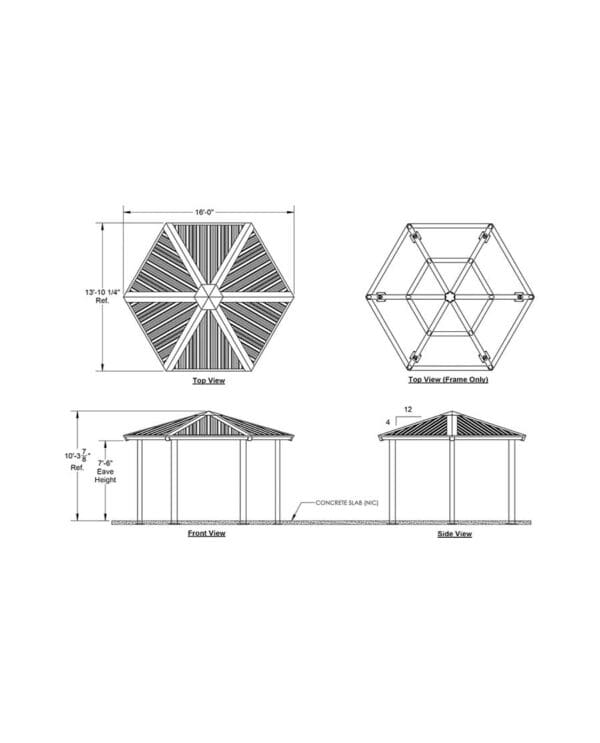 Hexagonal gazebo: top, front, side views