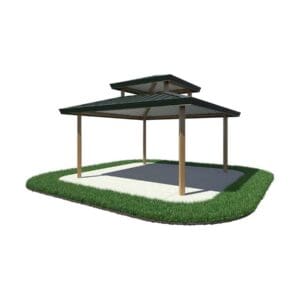 Here's an 8-word alt tag for the image: Double-roofed park pavilion with grassy base.