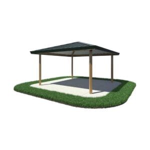 Here's an alt tag for the image: Outdoor pavilion with green roof.