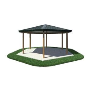 Hexagonal gazebo with green roof.
