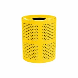Yellow perforated metal trash receptacle.