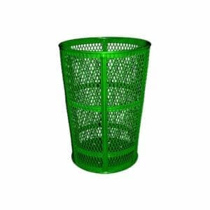 Here's an alt tag for the image: Green metal mesh trash can.