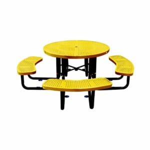 Yellow round picnic table with benches.
