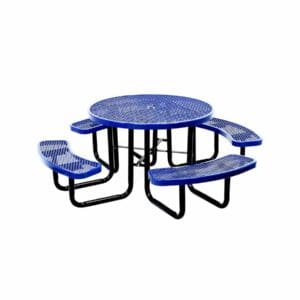 Blue metal picnic table with benches.