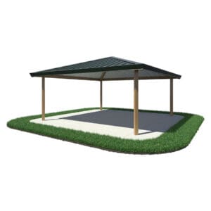 Dark green carport with wood posts.