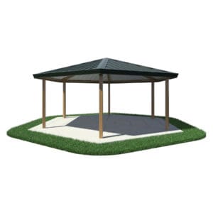 Hexagonal gazebo with dark green roof.