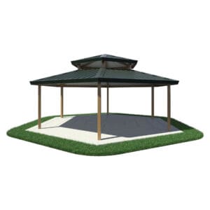 Double-roofed gazebo on grassy area.