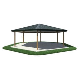 Hexagonal park gazebo with green roof.