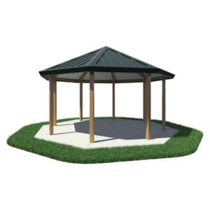 Hexagonal gazebo with dark green roof.
