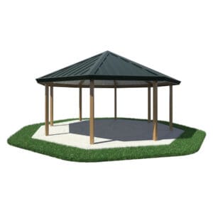 Octagonal gazebo with dark green roof.